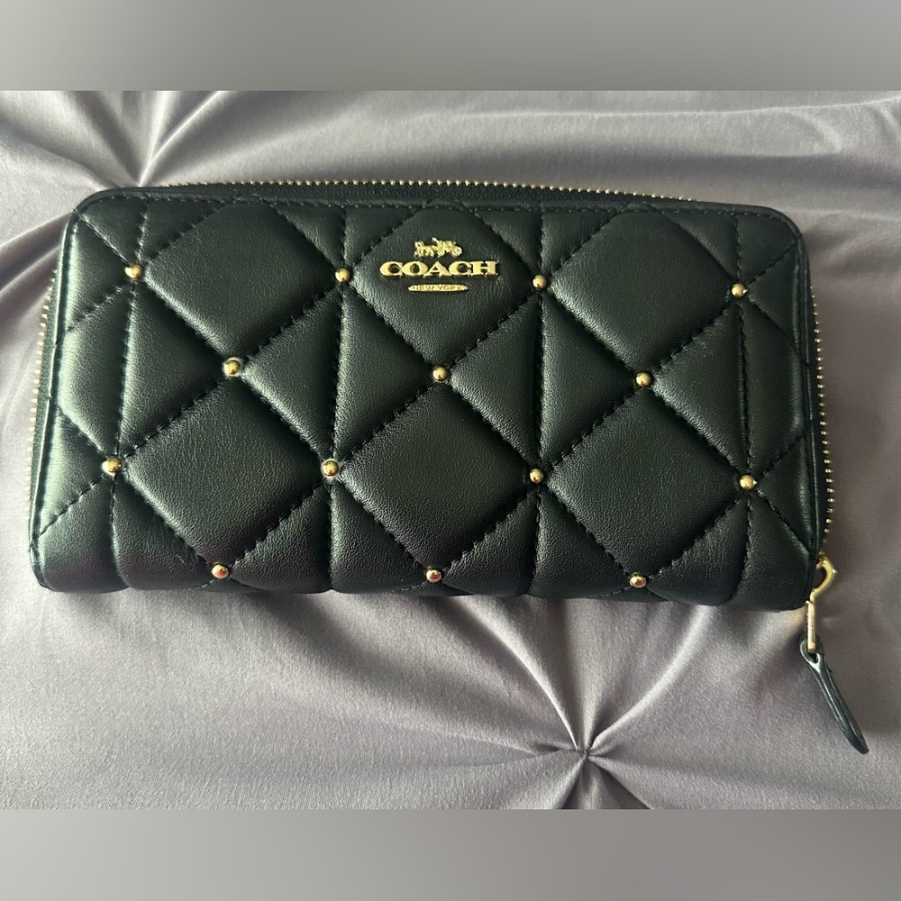 Coach Long Zip Around Wallet- Black Leather with Gold Studs